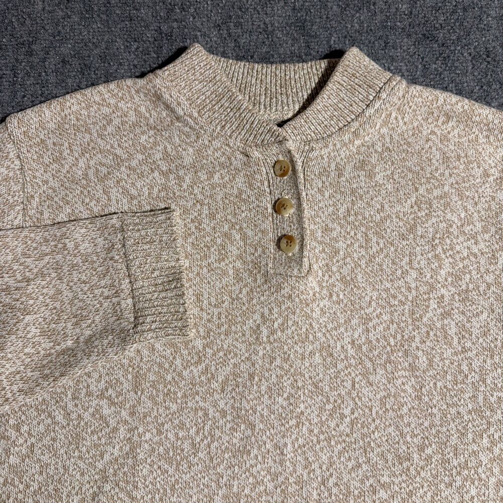 Vintage Lands End Cotton Knit Henley Sweater Womens Large Beige USA Made